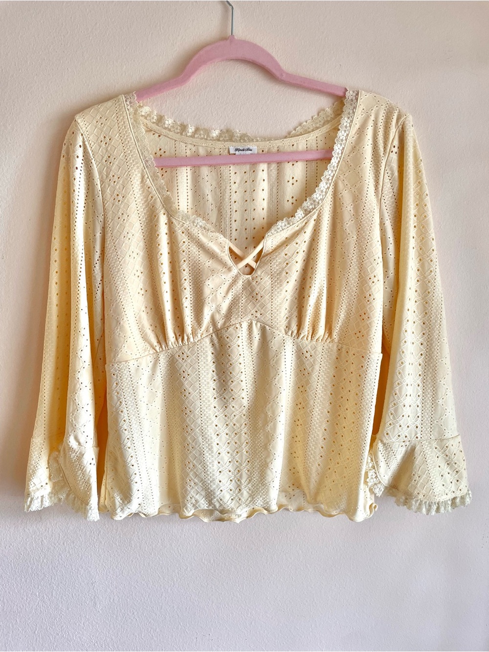 Urban Outfitters Zarina 3/4 Bell Sleeve Eyelet Knit Crop Top